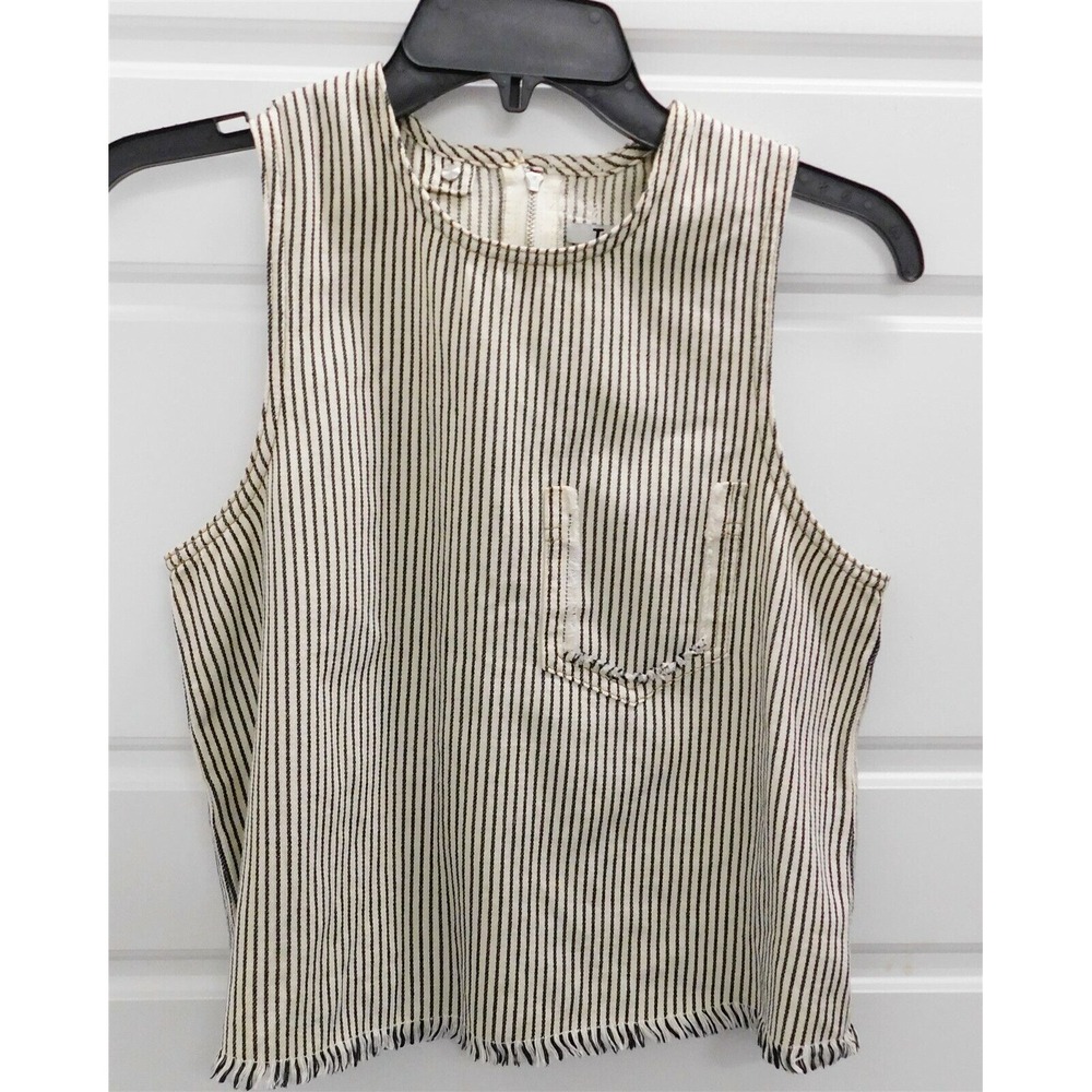 Alexander Wang Natural Black Cotton Striped Sleeveless Fringe Top sz M